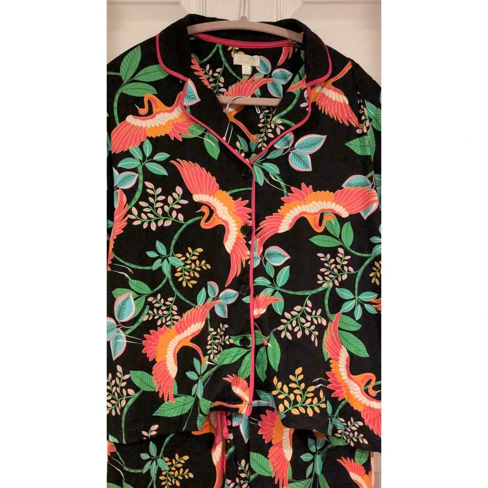 BeautySleep Social Pajama Set XS Black Tropical Crane Print Pink Trim Loungewear